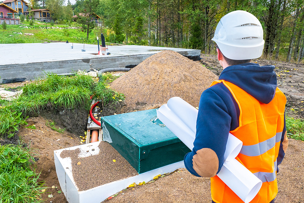 Septic system installation with a worker reviewing plans and inspecting the tank on-site.